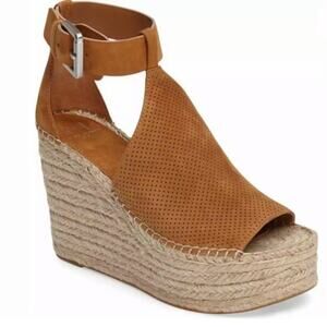 Marc Fisher Annie Perforated Wedge Platform Espadrille Cognac Brown size 9.5
